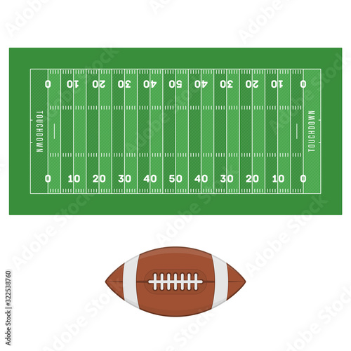 American football ball and field isolated n white background. Soccer field in top view. Textured Grass American Football Field. Vector illustration in realistic style. EPS 10.