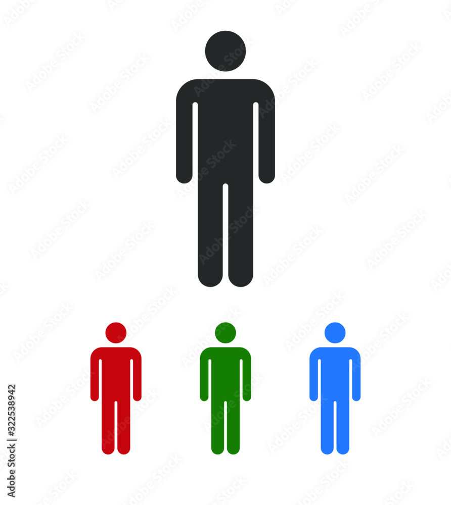 Person avatar icon set in color. Flat human symbol. Gentleman logo. Toilet and bathroom sign. Black red green and blue silhouette isolated on white background. Vector illustration image. Person avatar icon set in color. Flat human symbol. Gentleman logo. Toilet and bathroom sign. Black red green and blue silhouette isolated on white background. Vector illustration image.