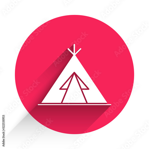 White Traditional indian teepee or wigwam icon isolated with long shadow. Indian tent. Red circle button. Vector Illustration