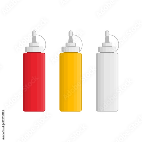 Sauces simple icons. Ketchup mayonnaise and mustard plastic bottles isolated on white background. Condiment for sandwiches or hot dogs. Vector illustration in flat style. EPS 10.