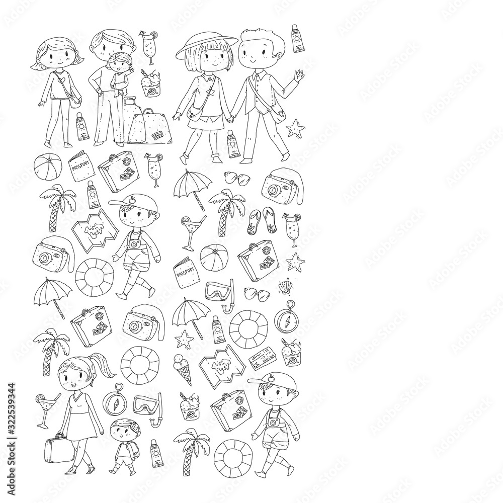 Vector pattern with travel and beach icons. Parents with little kids. Children summer vacation. Vector pattern with travel and beach icons. Parents with little kids. Children summer vacation.