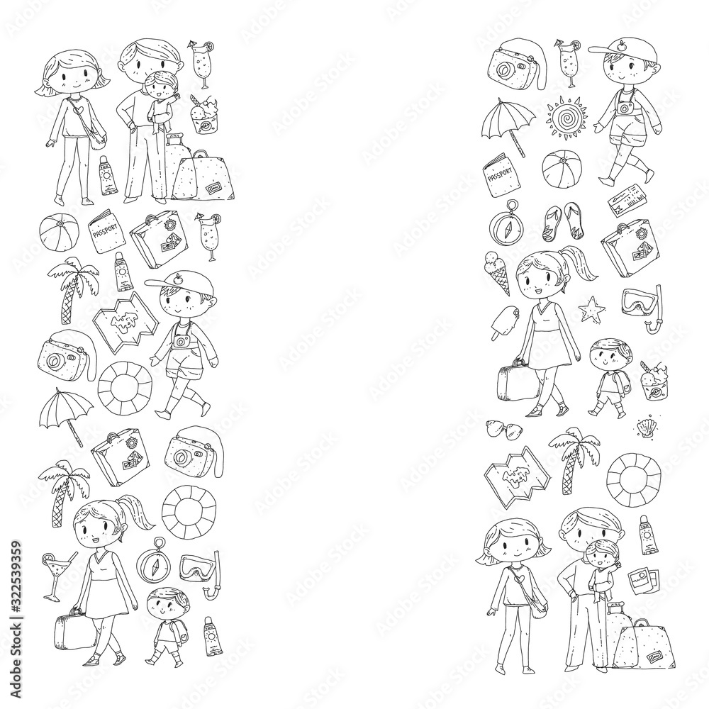 Vector pattern with travel and beach icons. Parents with little kids. Children summer vacation. Vector pattern with travel and beach icons. Parents with little kids. Children summer vacation.