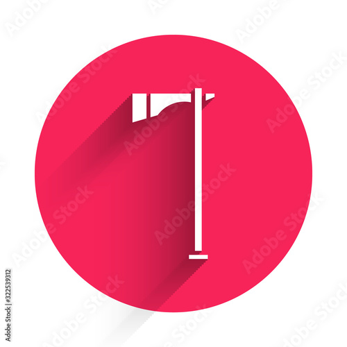 White Native american tomahawk axe icon isolated with long shadow. Red circle button. Vector Illustration