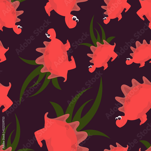 Cute seamless pattern with red dinosaurs on a purple background. Vector. Cartoon style. Children s illustration. Suitable for fabric  covers  wallpapers.