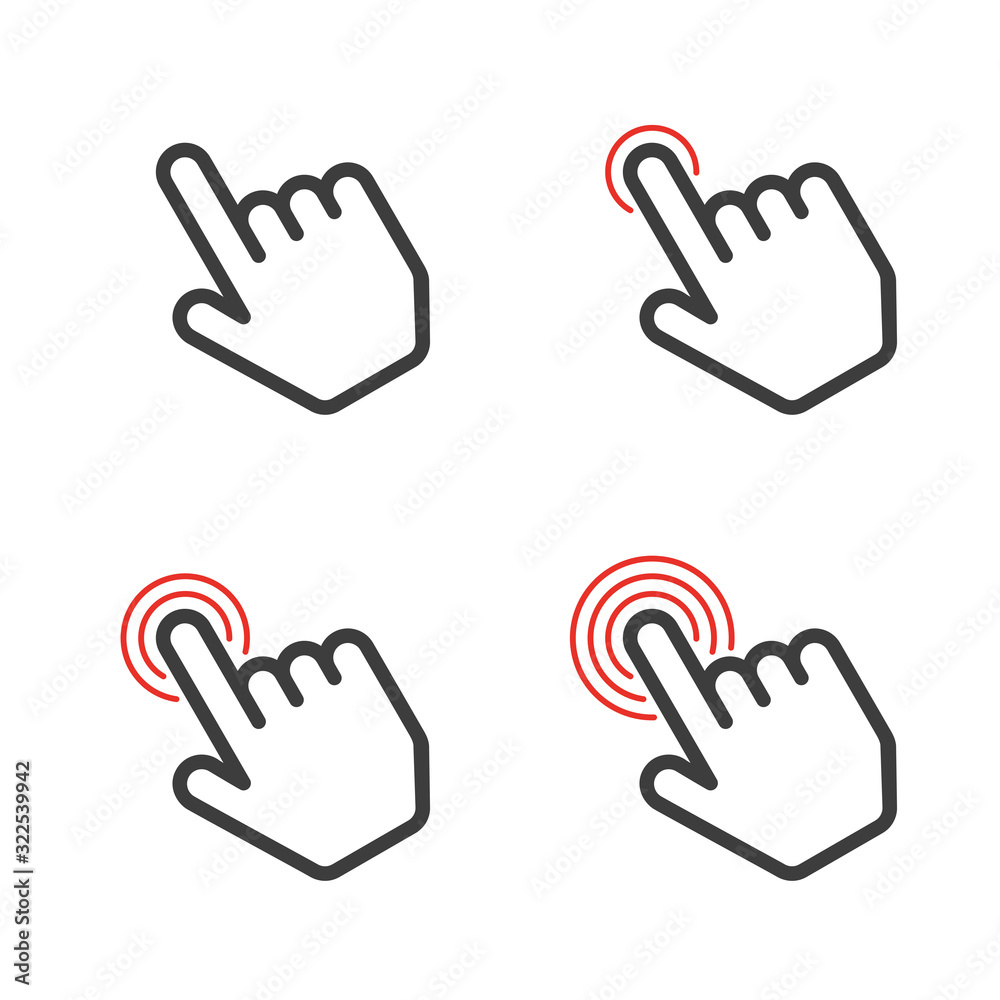 Click here the button. Hand sign with touching a buttons or pointing finger. Hands cursor icon. Vector illustration in flat style. EPS 10. Click here the button. Hand sign with touching a buttons or pointing finger. Hands cursor icon. Vector illustration in flat style. EPS 10.