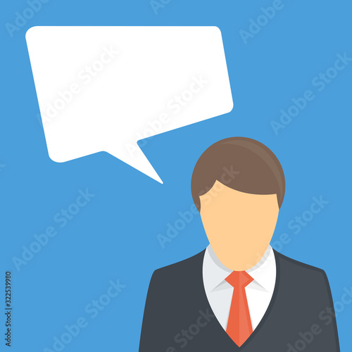 Businessman thinking and blank thought or speech bubble. Illustration of man with idea bubbles. Vector EPS 10.