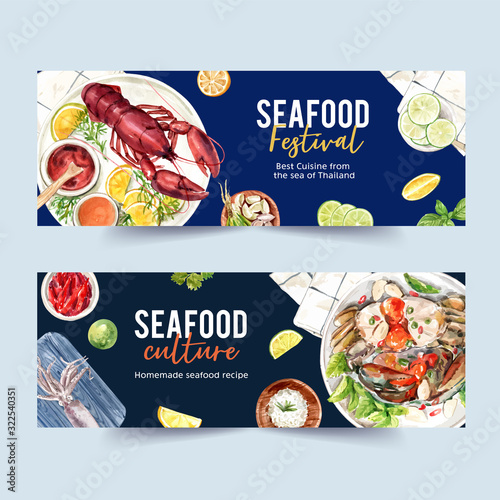 Seafood banner design with lobster, crab illustration watercolor.