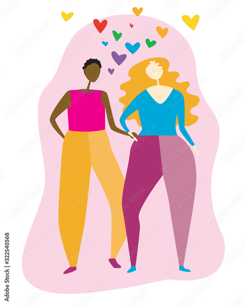A african american lesbian and sandinavian girl friend isolated on white background for design as Against Homophobia concept, a flat vector stock illustration with romantic lgbt couple and love A african american lesbian and sandinavian girl friend isolated on white background for design as Against Homophobia concept, a flat vector stock illustration with romantic lgbt couple and love
