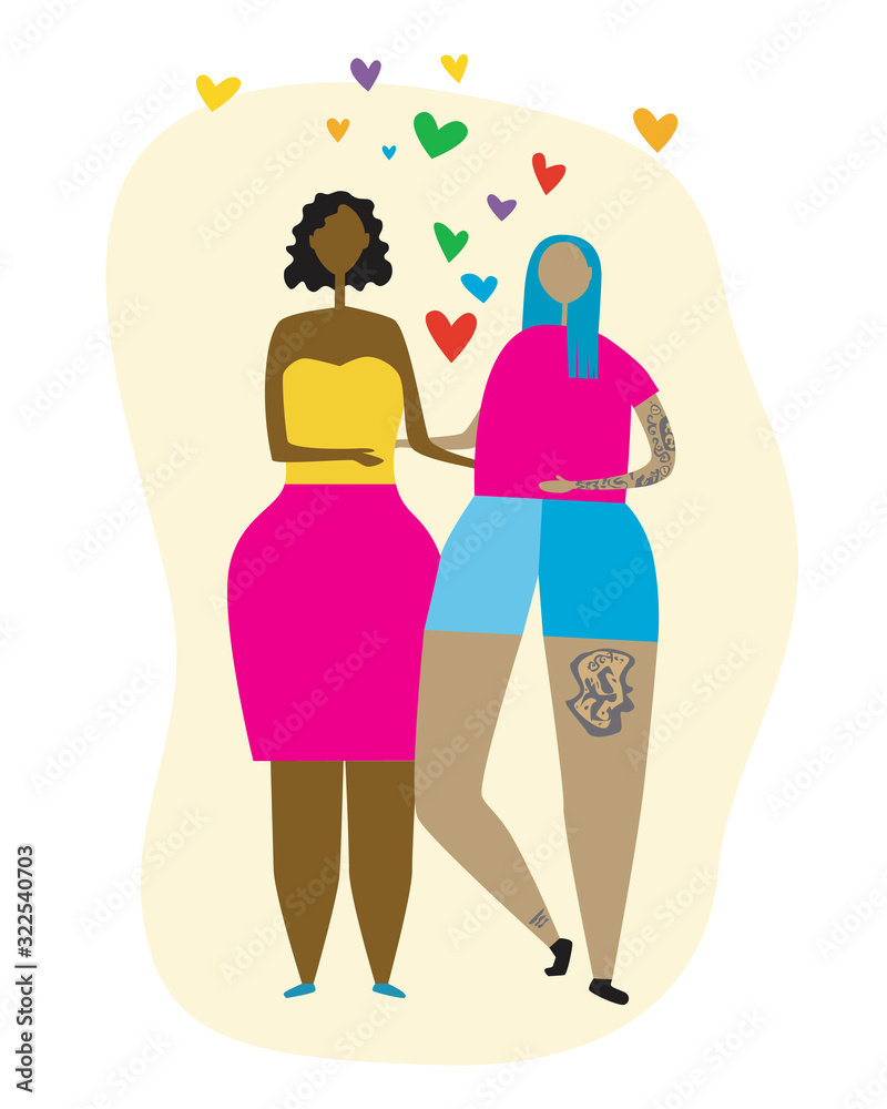 A african american lesbian and girl friend asian with tattoo and love isolated on white background for design as Against Homophobia concept, a flat vector stock illustration with romantic couple A african american lesbian and girl friend asian with tattoo and love isolated on white background for design as Against Homophobia concept, a flat vector stock illustration with romantic couple
