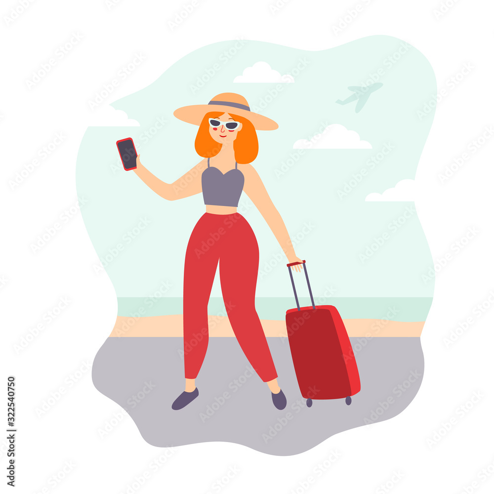 illustration of a young girl a blogger with red hair on vacation walks along the seashore with a bag on wheels, takes pictures of herself for a blog. a plane flies in the sky. flat style, vector