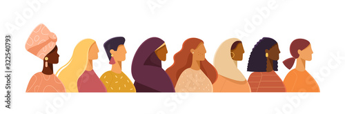 Vector illustration with women of different nationalities. Struggle for freedom, independence, equality. Ethnic beauty. Different women: African, Asian, European, Muslim. Flat design, white isolated 