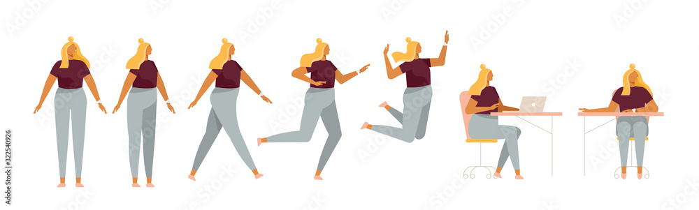 Set of a fat woman in different poses. Female character for your design  project, animation. Girl walk, stand, run, jump, sit. Vector trendy  illustration, flat style. White background, isolated. Stock Vector |
