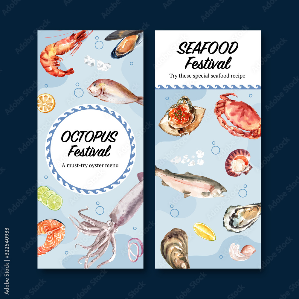 Seafood flyer design with mussel, oyster, fish illustration watercolor.