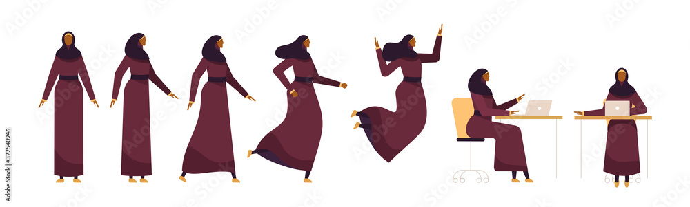 Set of a Muslim woman in different poses. Female character for your design project, animation. Vector trendy illustration, flat style. White background, isolated. Girl walk, stand, run, jump, sit Set of a Muslim woman in different poses. Female character for your design project, animation. Vector trendy illustration, flat style. White background, isolated. Girl walk, stand, run, jump, sit