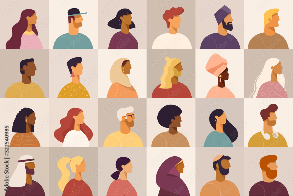 Set of profile portraits or heads of male and female cartoon characters.  Various nationality. Blond, brunet, redhead, african american, asian,  muslim, european. Set of avatars. Vector, flat design Stock Vector | Adobe