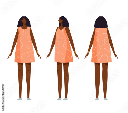 Set of body positions for animation. Front, side, rear. Different poses female character. Afro American young slim pretty woman. Girl with black skin and curly hairstyle. Vector illustration