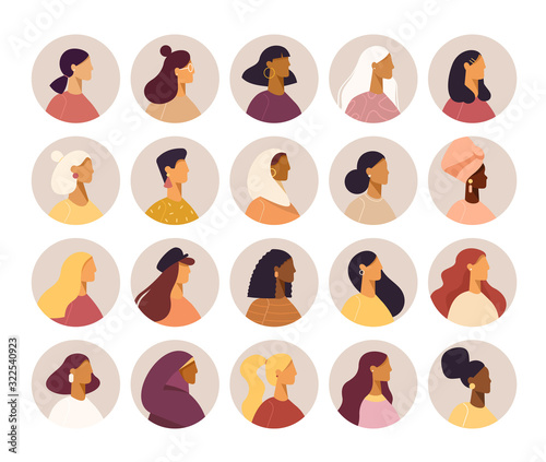 Super set of avatars in flat design style. Cool characters icons. Women different nationalities and hairstyle. Stylish female faces and shoulders avatars. Isolated on white background. 