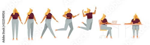 Set of a fat woman in different poses. Female character for your design project, animation. Girl walk, stand, run, jump, sit. Vector trendy illustration, flat style. White background, isolated. 