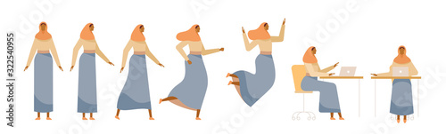 Set of a Muslim woman in different poses. Female character for your design project, animation. Vector trendy illustration, flat style. White background, isolated. Girl walk, stand, run, jump, sit