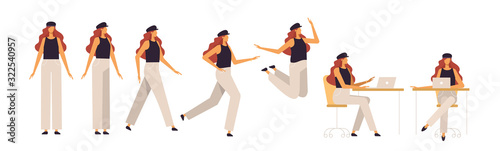 Set of a redhead woman in different poses. Female character for your design project, animation. Vector trendy illustration, flat style. White background, isolated. Girl walk, stand, run, jump, sit