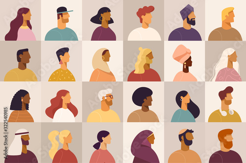 Set of profile portraits or heads of male and female cartoon characters. Various nationality. Blond, brunet, redhead, african american, asian, muslim, european. Set of avatars. Vector, flat design photo