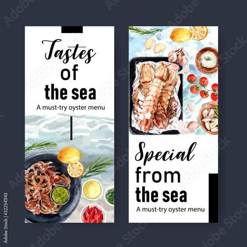 Seafood flyer design with octopus, crayfish illustration watercolor.