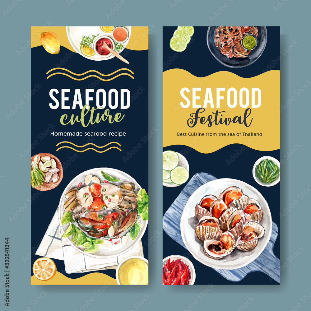 Seafood flyer design with mud crab, octopus, cockle illustration watercolor. Seafood flyer design with mud crab, octopus, cockle illustration watercolor.