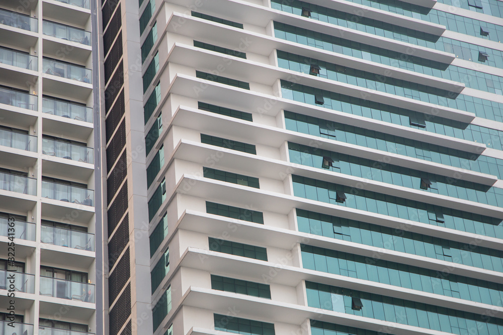 Hotel facade, exterior big buildings balcony view
