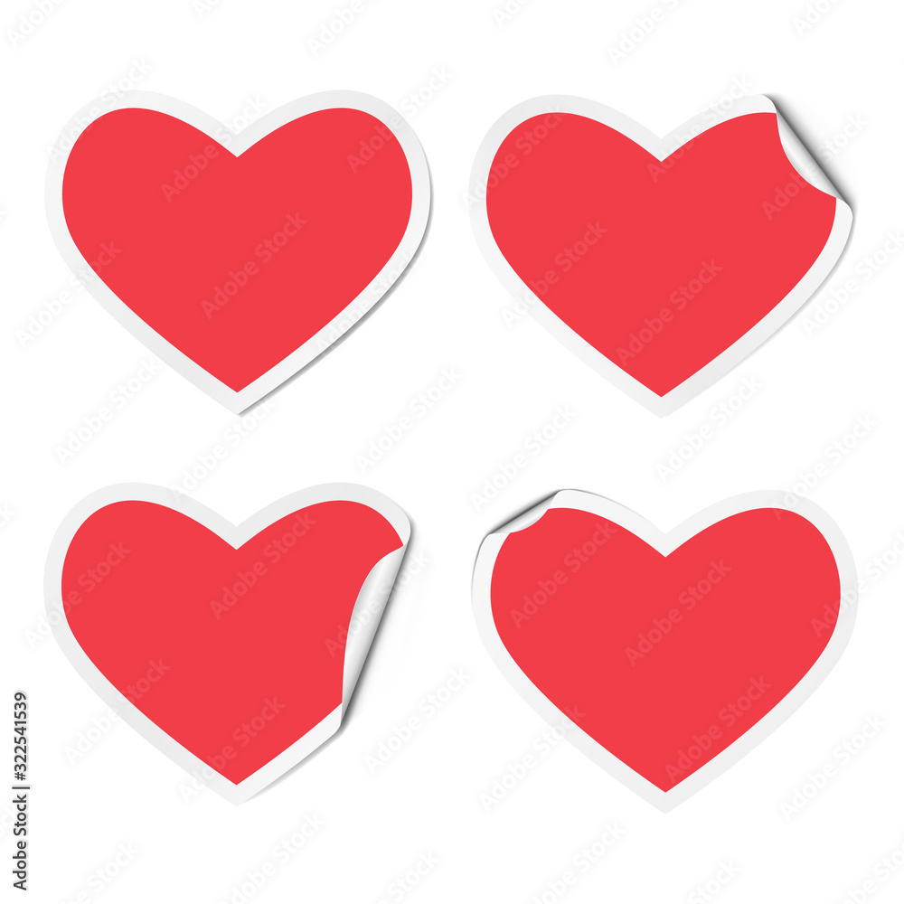 Set of red hearts adhesive stickers, isolated on white.
