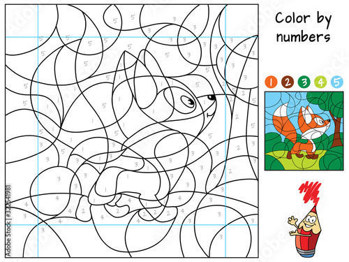 Funny little fox in the forest. Color by numbers. Coloring book. Educational puzzle game for children. Cartoon vector illustration