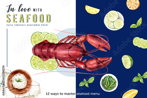 Seafood frame design with lobster, rice illustration watercolor.