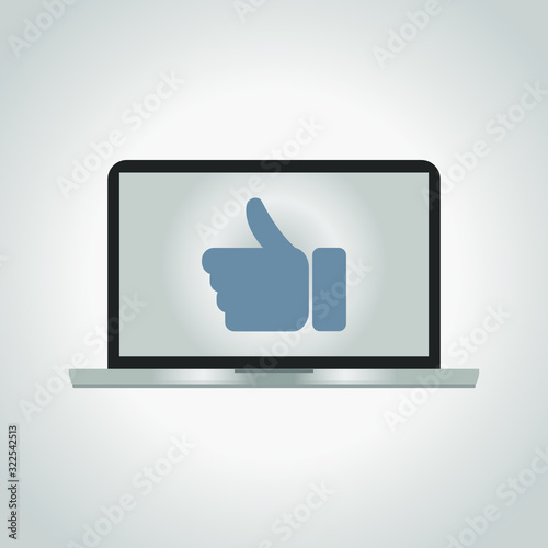 Icon of a hand with the extended finger ok on the screen of a gray laptop.