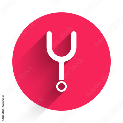 White Musical tuning fork for tuning musical instruments icon isolated with long shadow. Red circle button. Vector Illustration