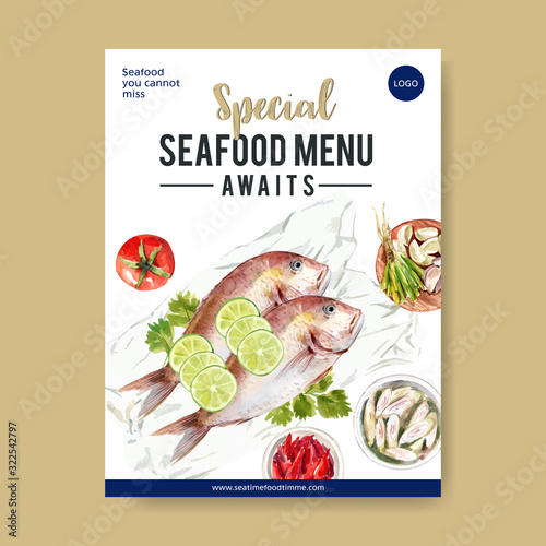 Seafood poster design with snapper illustration watercolor.