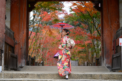 woman holding retro umbrella in old fashion style traditional kimono, walks alone in the middle of park of the village garden in autumn, travel and visit japan on incoming sport event