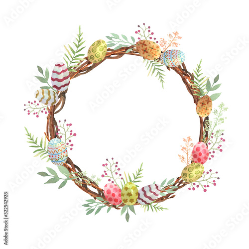 Illustration with colorful painted eggs on an Easter wreath of twigs in watercolor. Flower circle frame. Happy easter background. Spring symbol