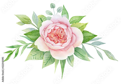 Watercolor flowers bouquet with pink peony and greenery leaves. Peony posy