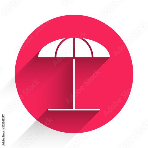 White Sun protective umbrella for beach icon isolated with long shadow. Large parasol for outdoor space. Beach umbrella. Red circle button. Vector Illustration