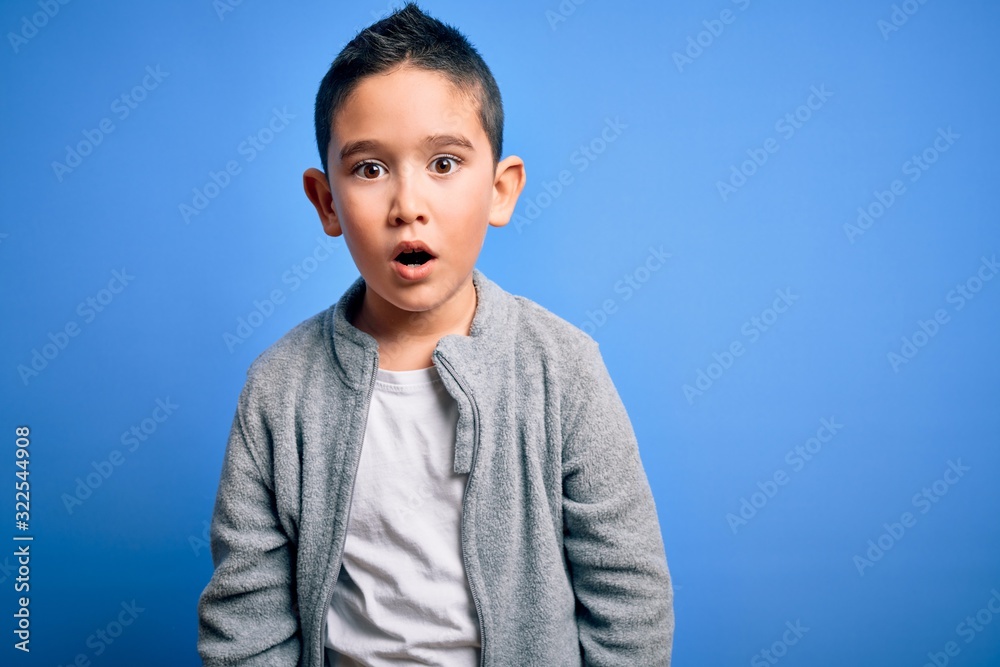 Young little boy kid wearing sport sweatshirt over blue isolated background afraid and shocked with surprise expression, fear and excited face. Young little boy kid wearing sport sweatshirt over blue isolated background afraid and shocked with surprise expression, fear and excited face.