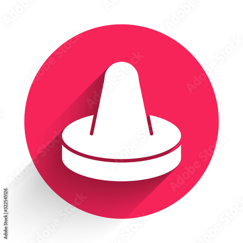 White Mallet and puck for playing air hockey game icon isolated with long shadow. Red circle button. Vector Illustration