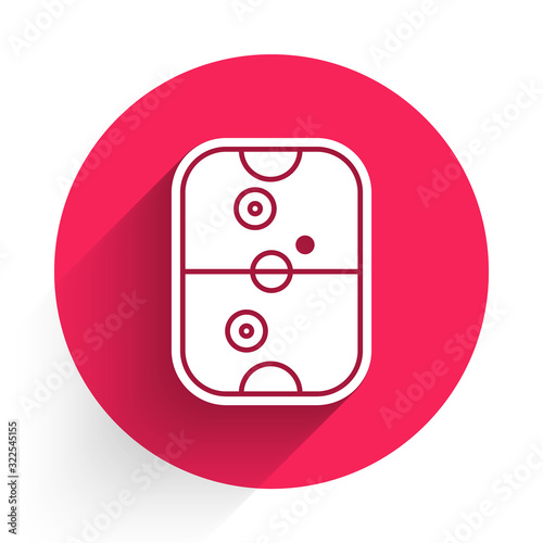 White Air hockey table icon isolated with long shadow. Red circle button. Vector Illustration