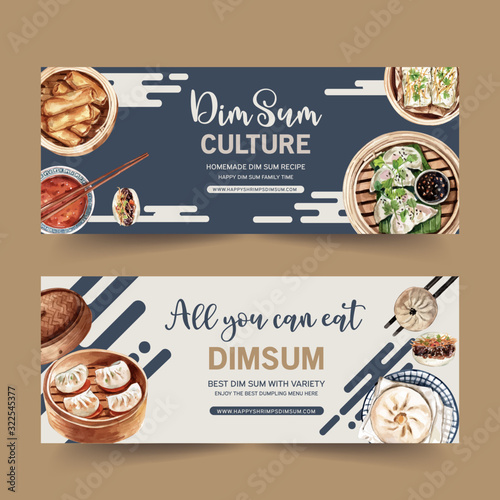 Dim sum banner design with steamed bun, spring roll watercolor illustration.