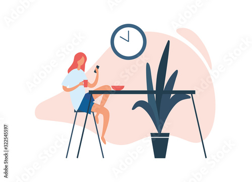 Woman using smartphone during breakfast. Flat vector illustration