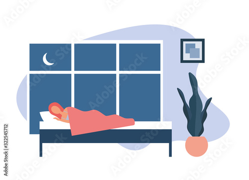Lady sleeping in bed at home. Flat vector illustration