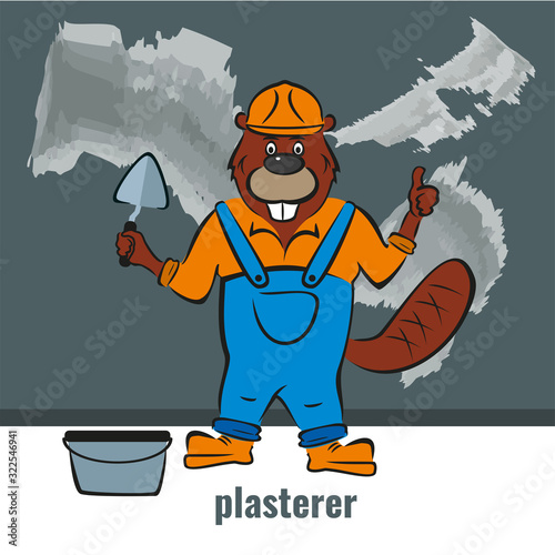 Beaver, a plasterer builder, holds a trowel in his hand