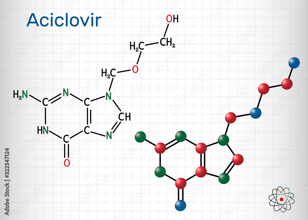 Aciclovir, acyclovir, ACV, antiviral agent, C8H11N5O3 molecule. It is used to treat herpes simplex, Varicella zoster, herpes zoster. Sheet of paper in a cage. Aciclovir, acyclovir, ACV, antiviral agent, C8H11N5O3 molecule. It is used to treat herpes simplex, Varicella zoster, herpes zoster. Sheet of paper in a cage.