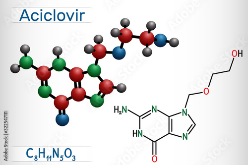 Aciclovir, acyclovir, ACV, antiviral agent, C8H11N5O3 molecule. It is used to treat herpes simplex, Varicella zoster, herpes zoster. Structural chemical formula and molecule model.