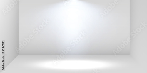 3D exhibition booth. White empty promotional stand with desk. Vector white empty geometric square. Presentation event room display. Blank box template