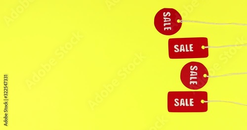 Stop motion animated movie. Price tags sale  labels business and finance concept.