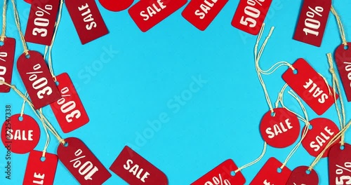 Stop motion animated movie. Price tags sale  labels business and finance concept.